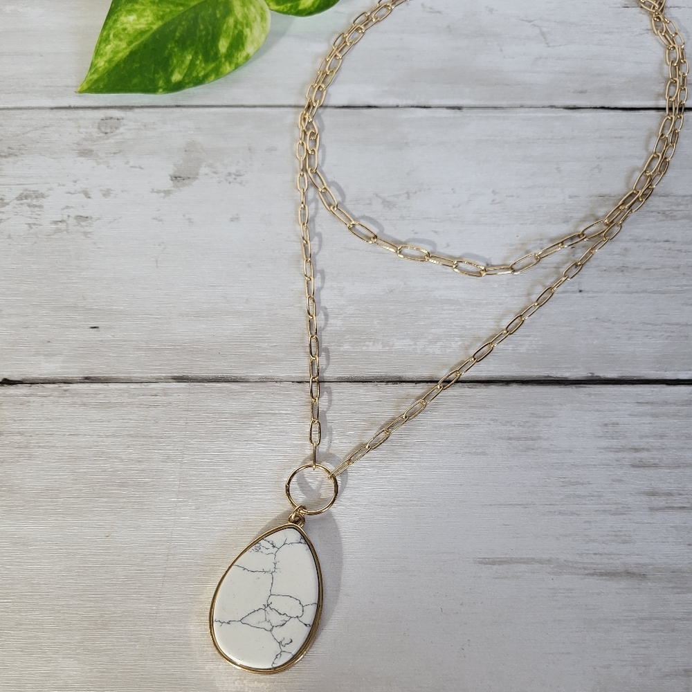 Ophelia Gold Layered Chain and Grey and White Marble Pendant Necklace